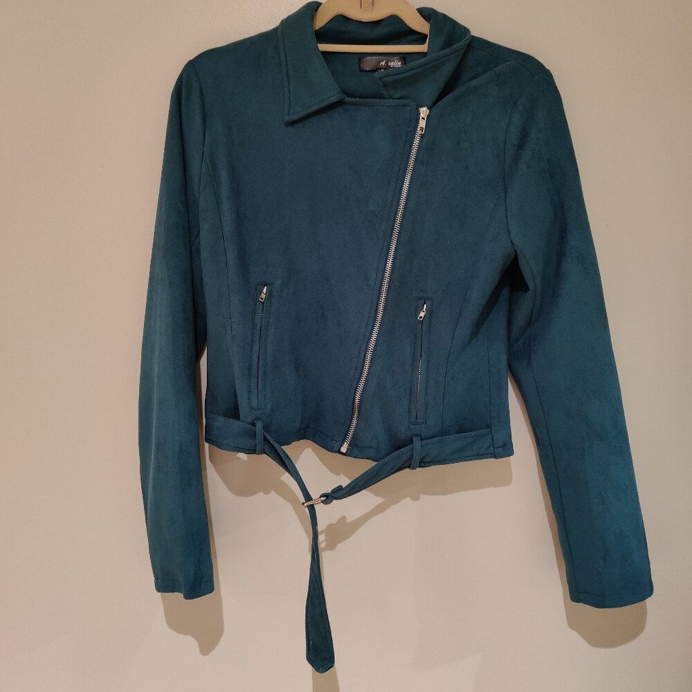 Teal Vegan Suede Moto Jacket